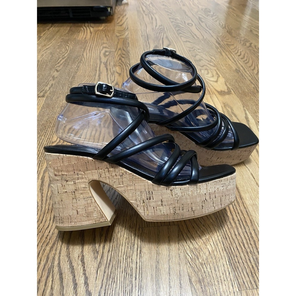 Nine West Black Strappy Cork Wedge Platform Heels Size 10